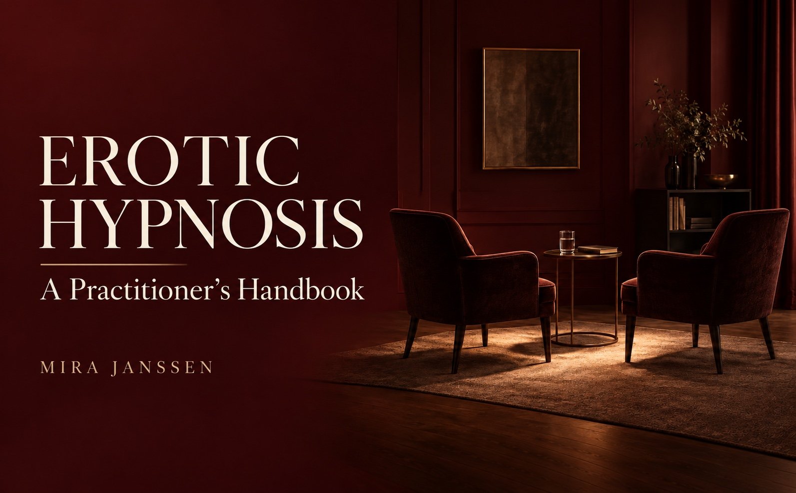 Erotic Hypnosis practitioner handbook by Mira Janssen, shown in a dark study with two chairs.