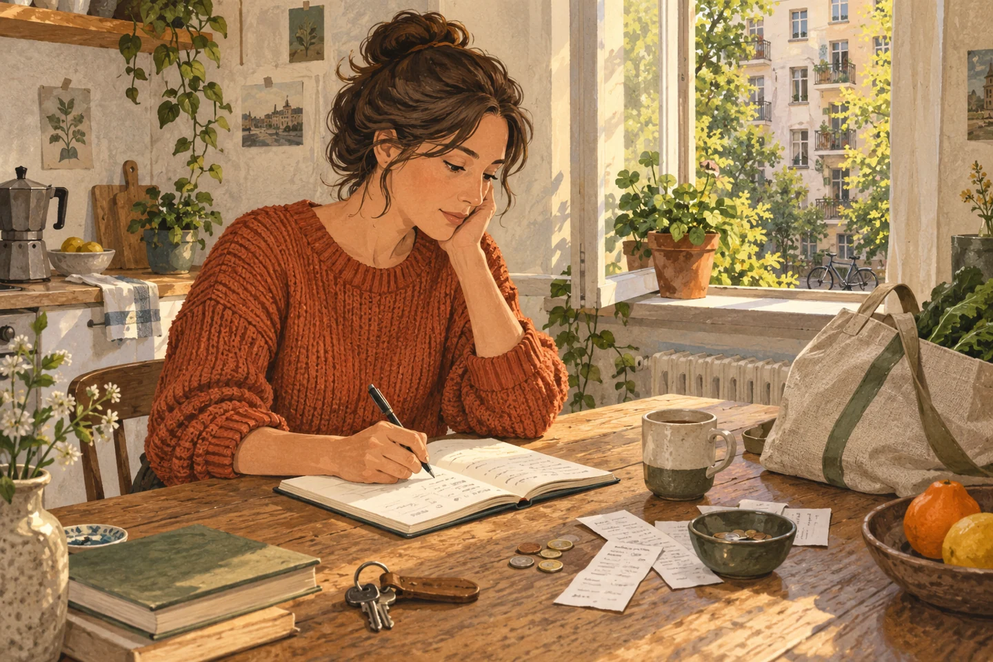 Illustration: Eine Frau ordnet am Küchentisch ihre Notizen, Belege und eigenen Geldentscheidungen.