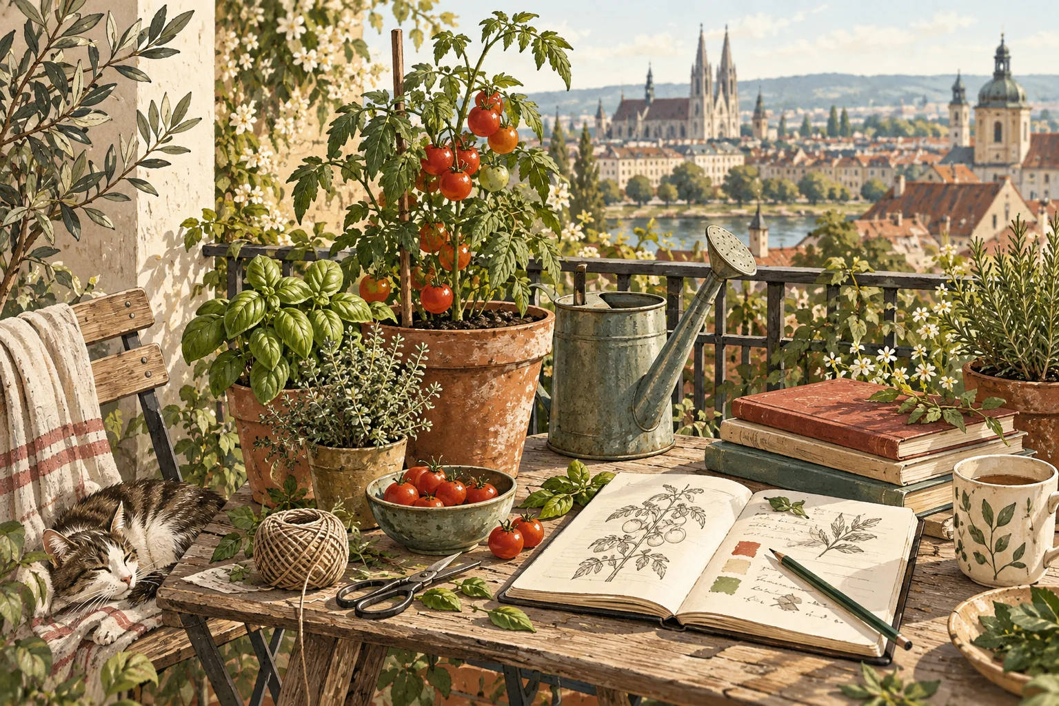 Tomaten und Kräuter auf einem Stadtbalkon neben einem aufgeschlagenen Notizbuch.